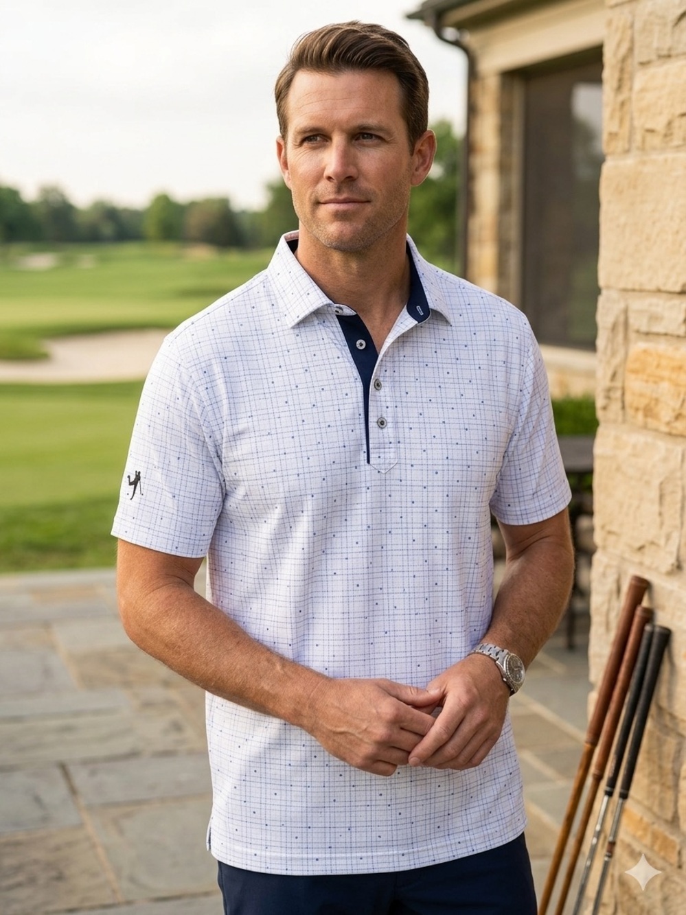 Payne Stewart White Polo with Blue Grid Dot Pattern Size Large Men's Golf Shirt